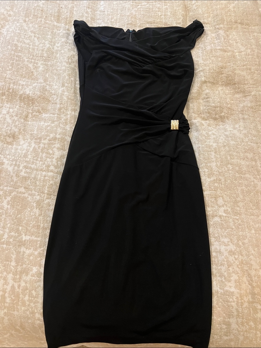 Cache Black Off-Shoulder Ruched Sheath Dress with Gold Accent